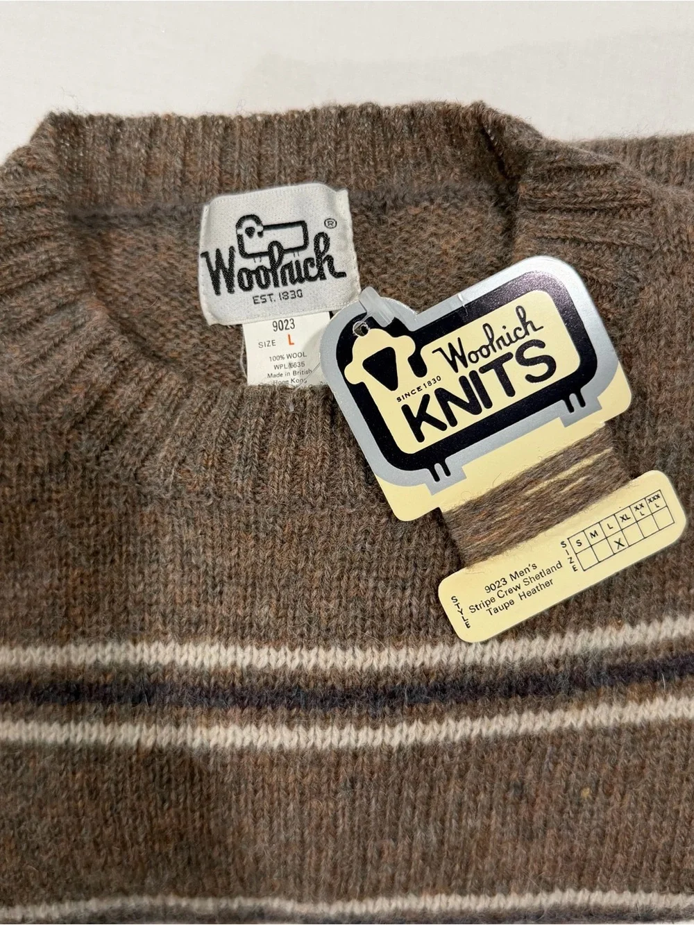 Rare NWT Vintage 1980s Woolrich 100% Shetland Wool Sweater Mens L Taupe Stripe